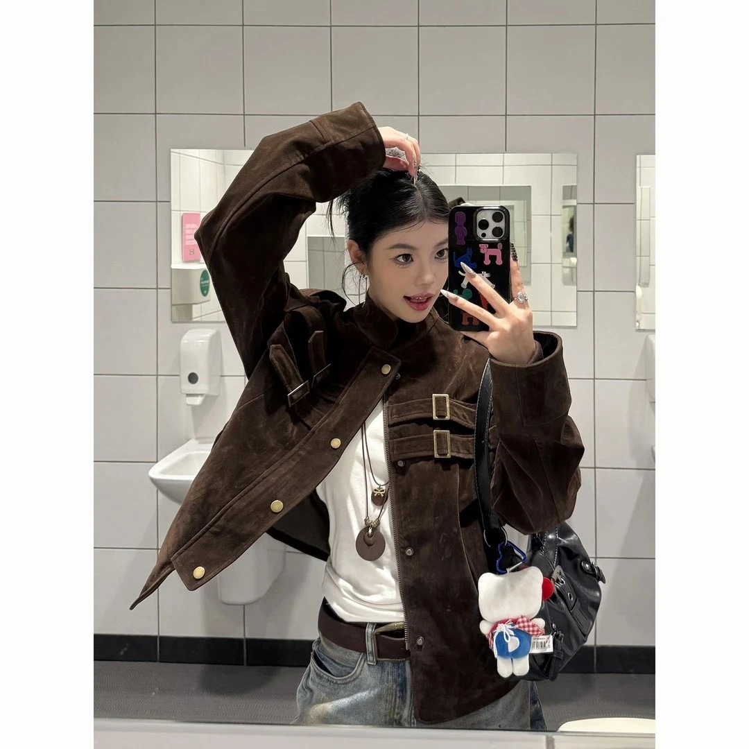 KOIISL 美式cleanfit拼接设计仿麂皮高级感夹克男女短宽早秋外套