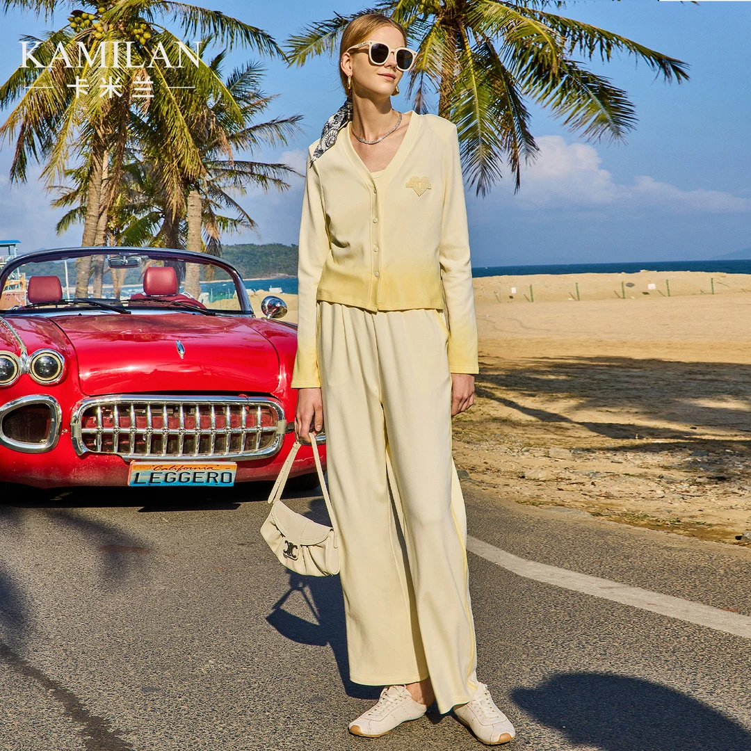 卡米兰三件套套装女2025春季新款短款针织开衫外套+吊带+阔腿裤
