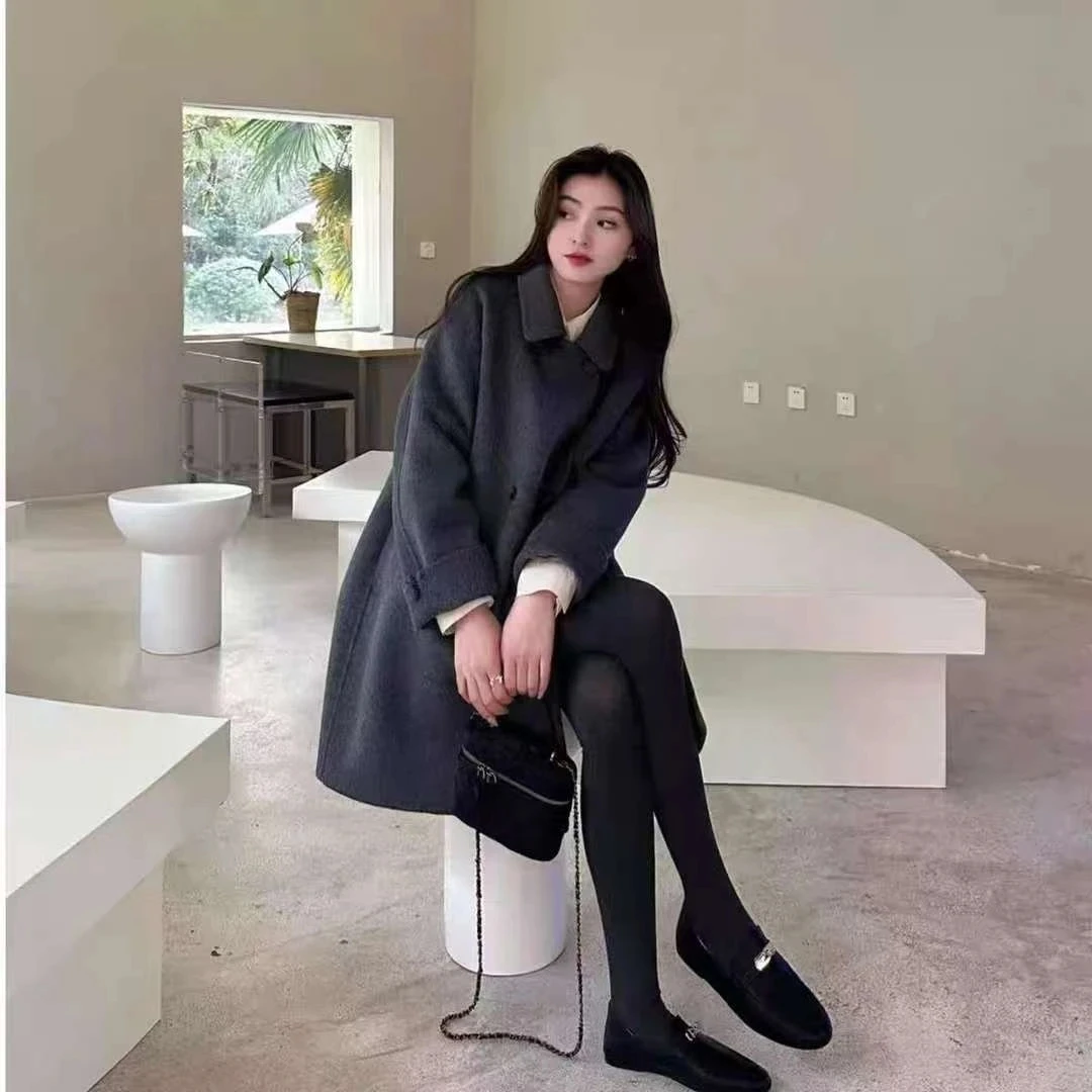 韩系娃娃领中长款双面羊毛大衣百搭毛呢外套小个子