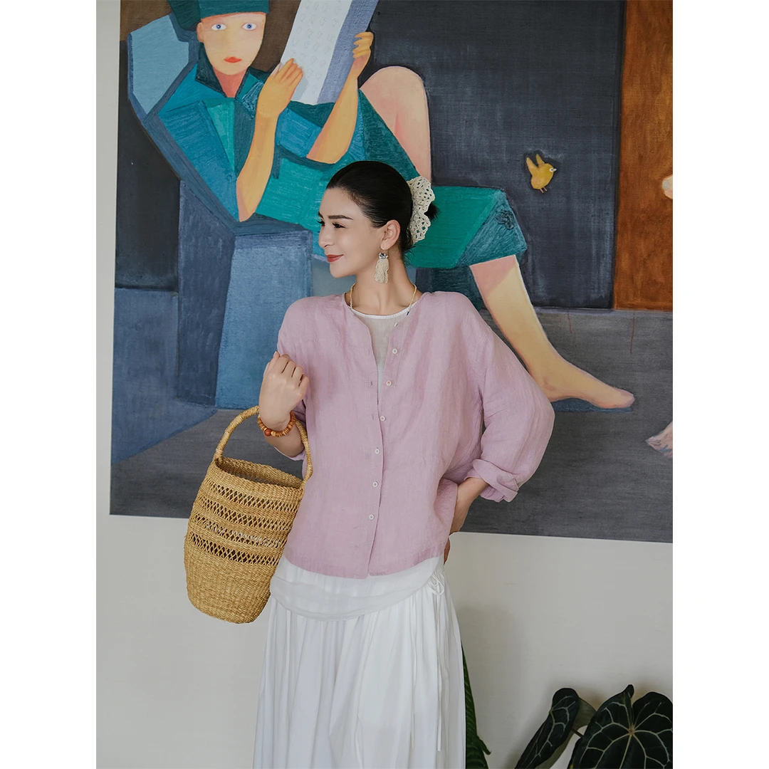 麻霖自然主义21支汉麻亚麻双色色织水洗圆领九分袖休闲文艺小开衫