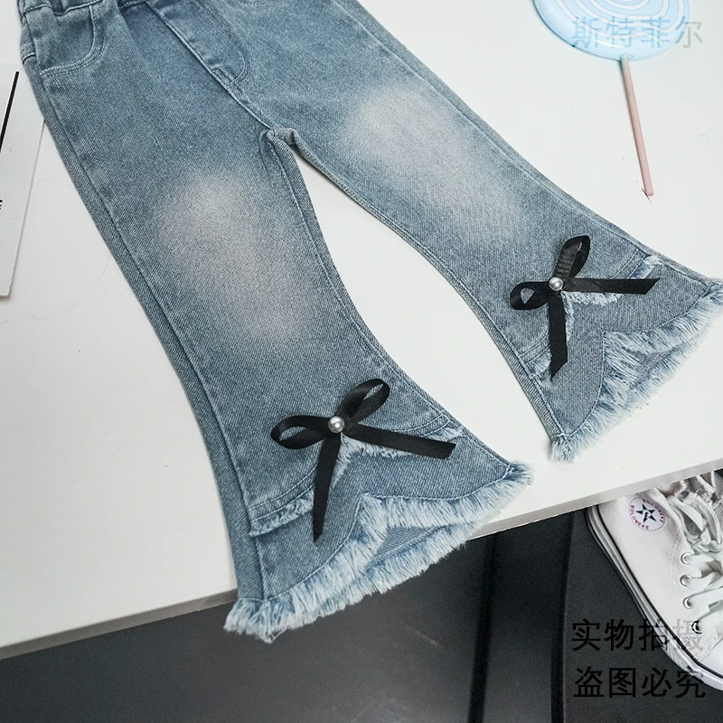 女童牛仔裤春款2025新款儿童长裤小童女孩甜美流苏蝴蝶喇叭裤外穿