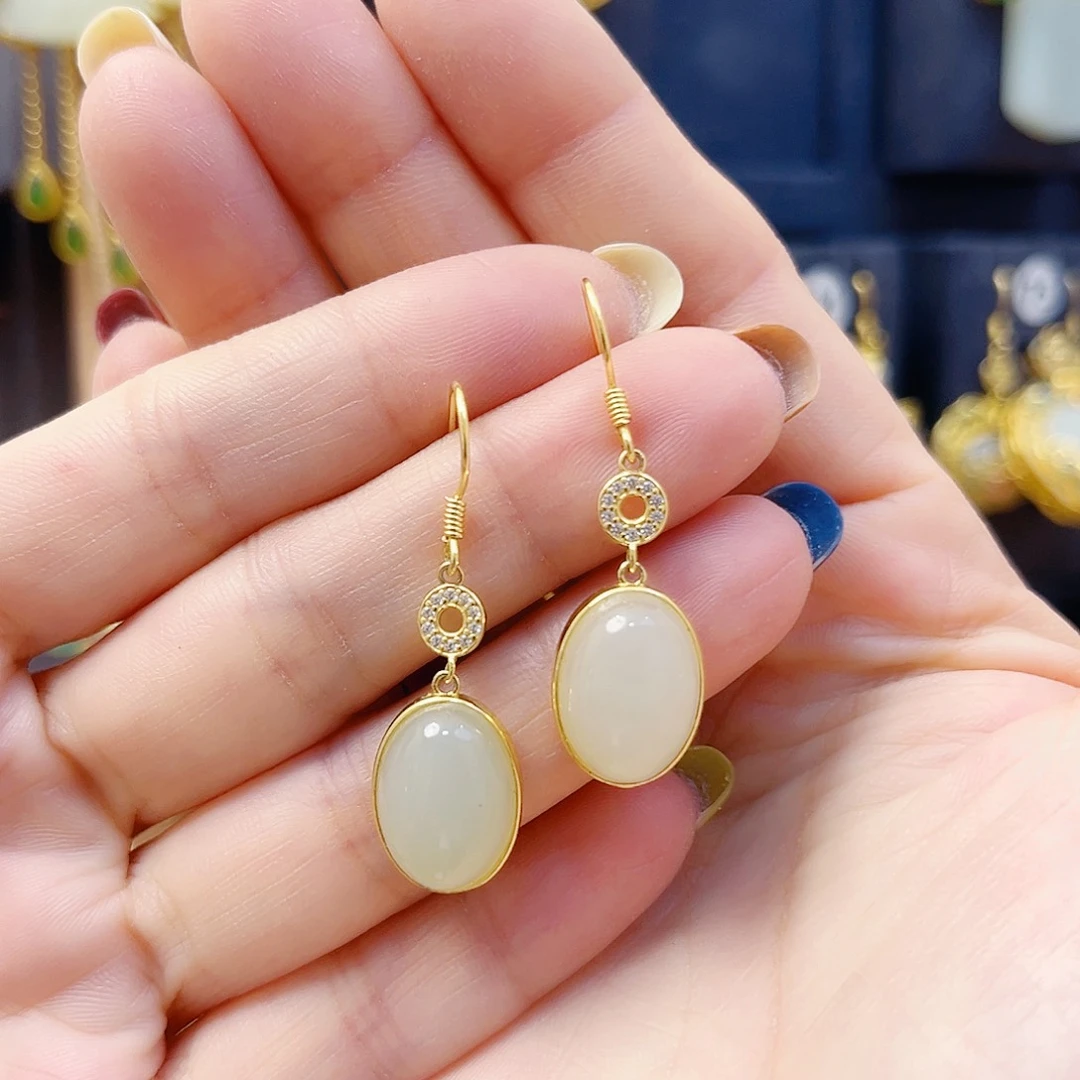 和田玉银S925镀金镶嵌耳饰