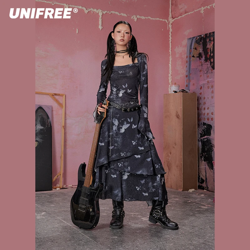 unifree【25年春】方领长袖连衣裙蝴蝶晕染复古收腰显瘦长款裙子