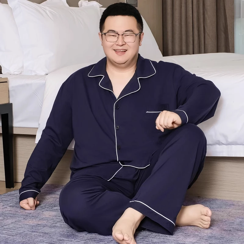纯棉全棉长袖长裤春秋男士家居服套装胖子大码睡衣男200-300斤