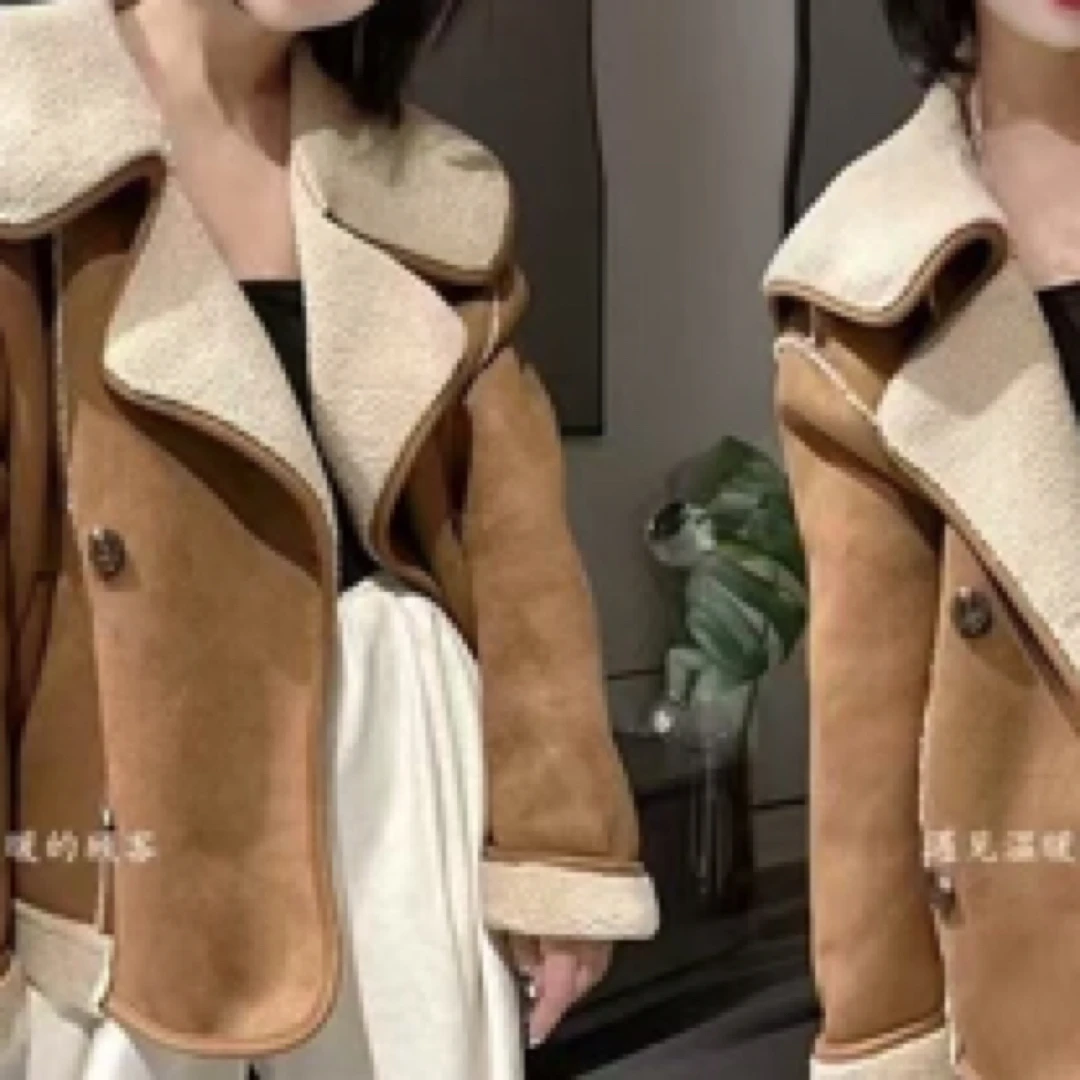 两穿大翻领加绒皮衣外套女冬季小个子高级感皮毛一体加厚短款夹克
