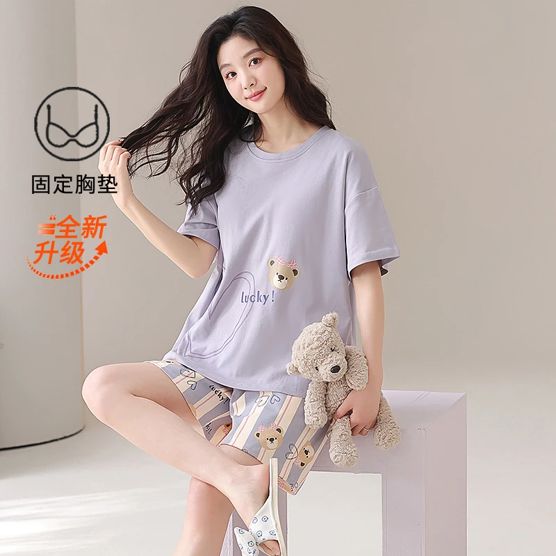 【带胸垫】莉莉家睡衣女士纯棉蝴蝶熊短袖短裤圆领套头夏季家居服