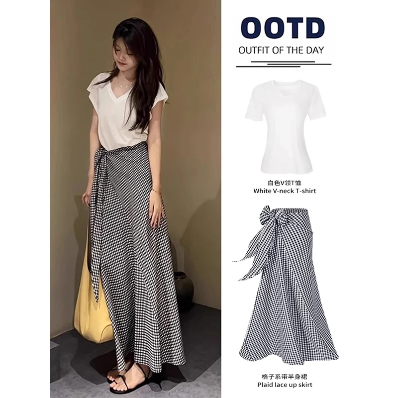 黑白格子半身裙长款女夏季穿搭小个子高腰绑带a字不规则长裙套装
