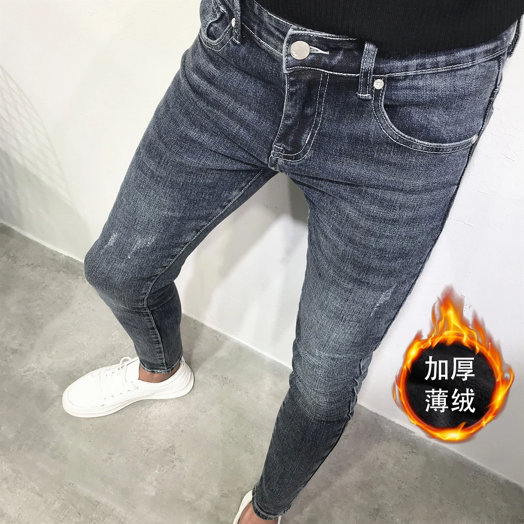 2025秋冬新款男士牛仔裤韩版潮流复古蓝色修身小脚百搭九分长裤子
