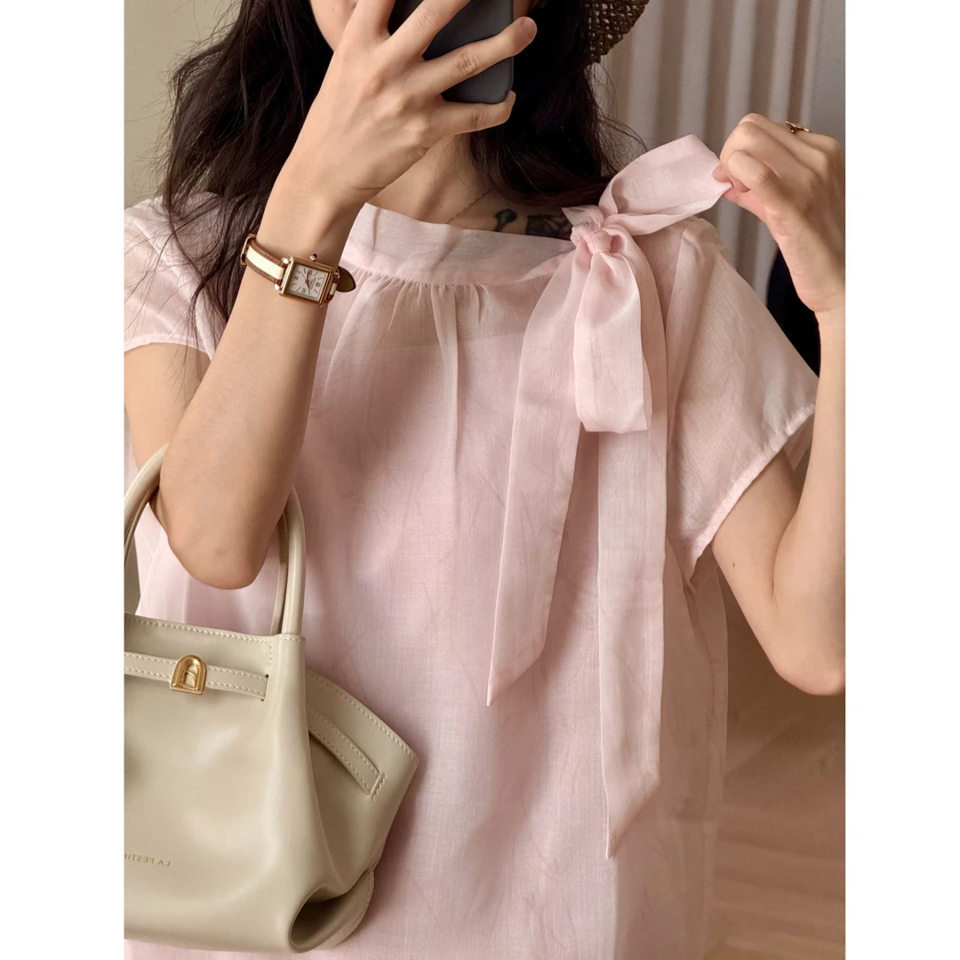 【在仓】小个子粉色薄纱微透蝴蝶结绑带小衫+吊带两件套