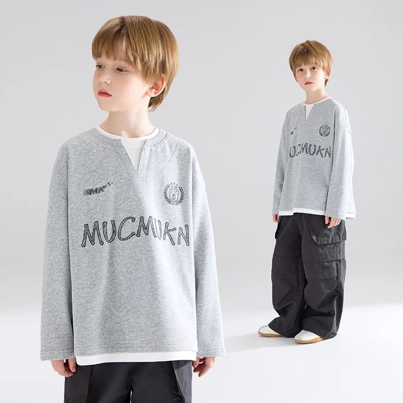 【美式课间】手绘风运动卫衣假两件280g毛圈棉长袖男童M51ZH3572