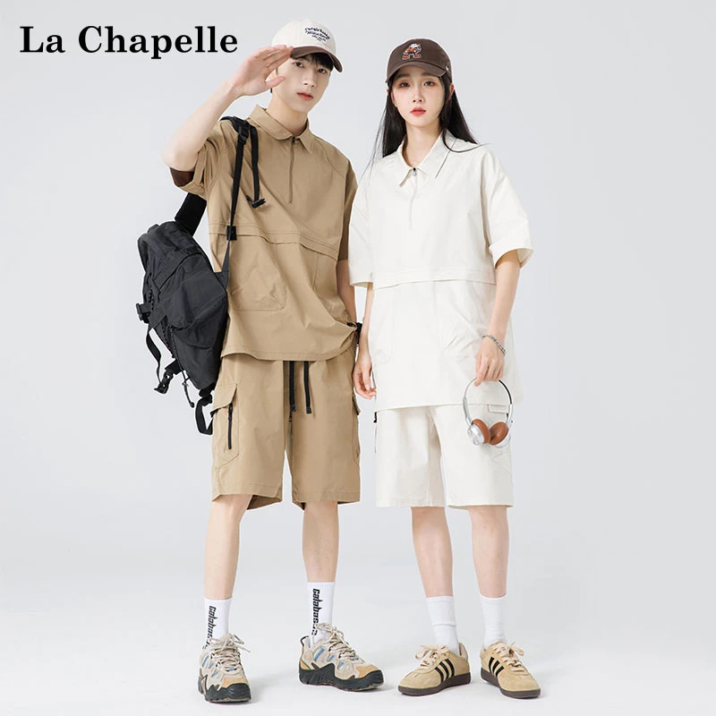 拉夏贝尔户外速干工装翻领短袖情侣套装半拉链设计休闲运动两件套