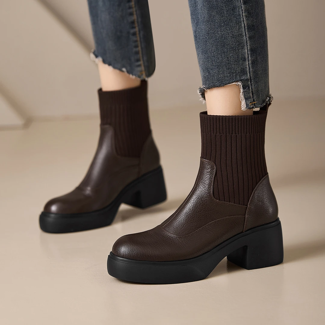 轩玥情女鞋7cm粗跟短靴小个子高跟针织袜靴秋冬款真皮圆头马丁靴