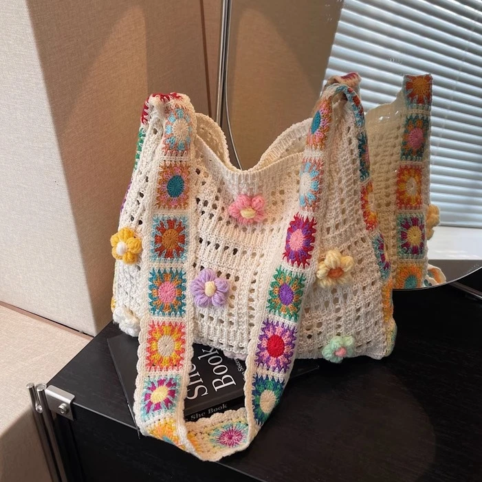 毛线编织太阳花包包女2025新款大容量单肩包小清新海边度假斜挎包