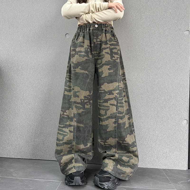 女童美式高街迷彩工装迷彩牛仔裤童装女复古高腰宽松显瘦阔腿裤子