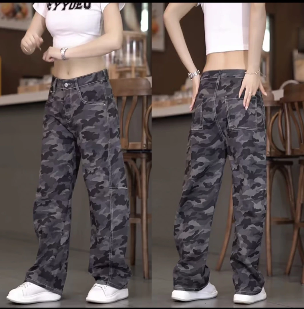 美式复古迷彩阔腿工装牛仔裤男夏季潮流弯刀伐木裤宽松直筒休闲裤