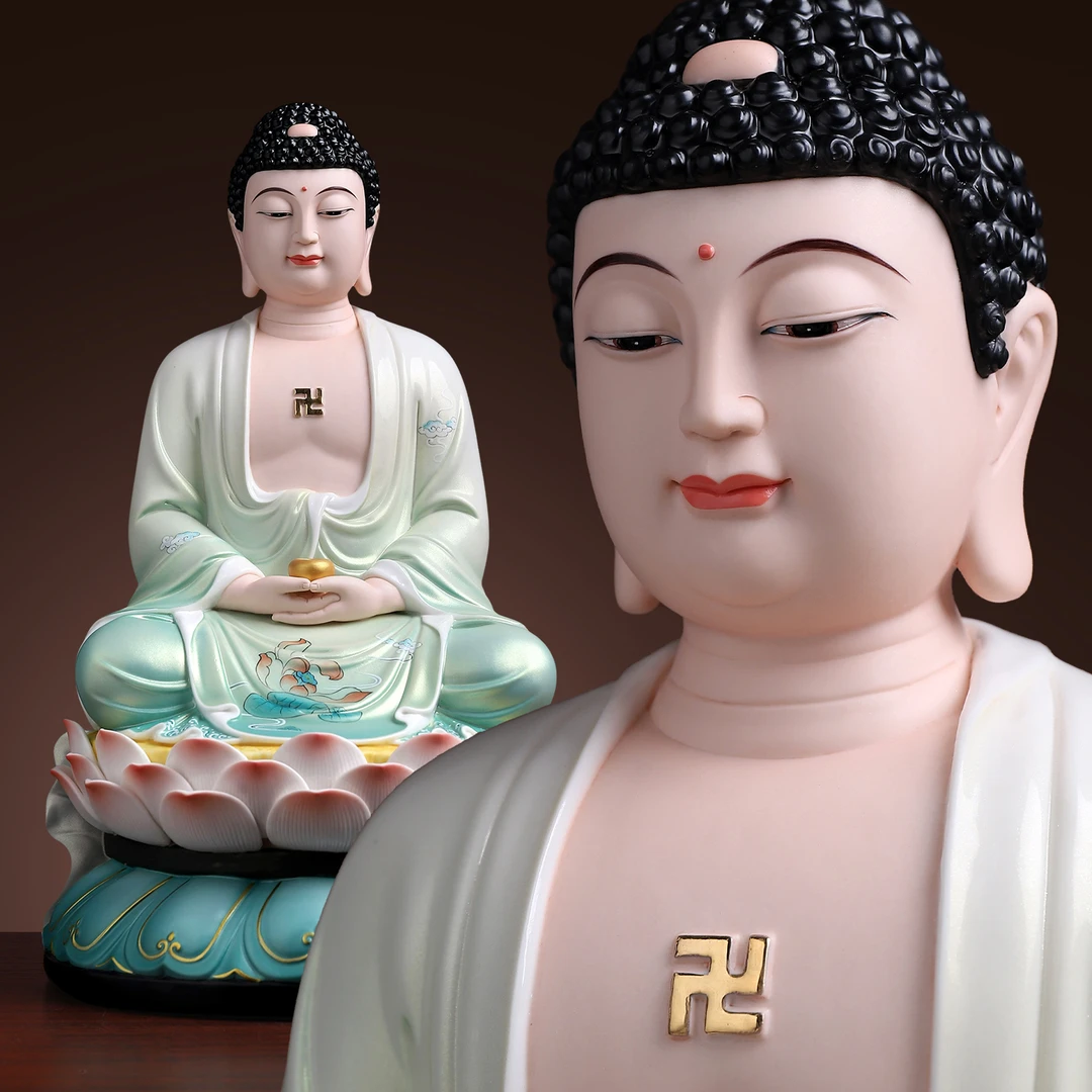 七珍德化陶瓷彩绘16英寸如来佛像阿弥陀释迦牟尼家用摆件工艺品