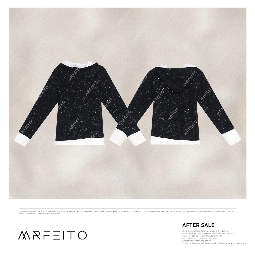 【鎏金黑曜】2025春季新款星空时尚拼接连帽女针织衫H16M02C30693