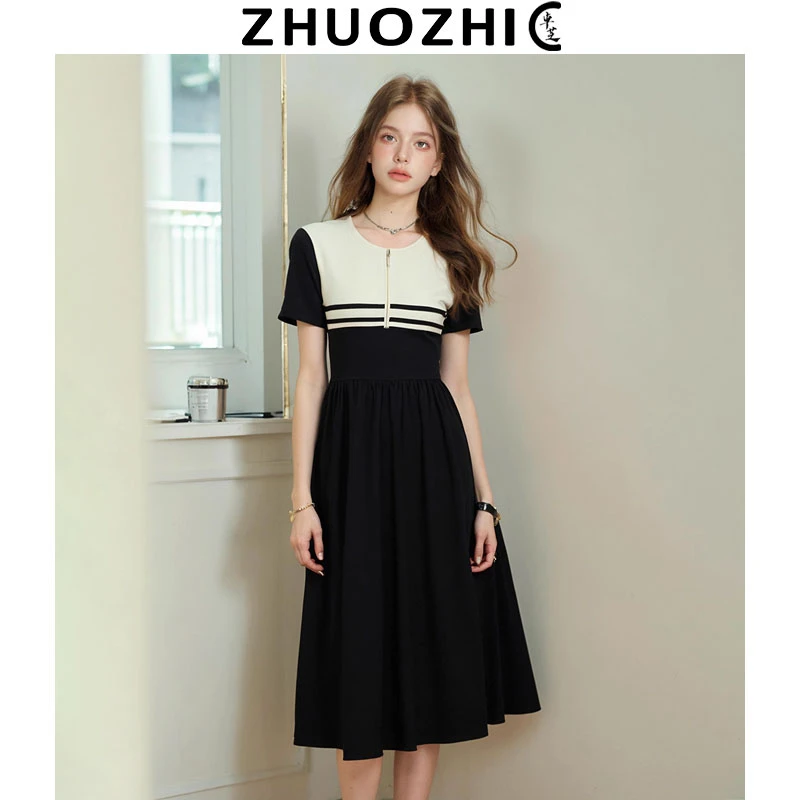 [清仓]韩系通勤风拼色圆领连衣裙2025夏季新款收腰显瘦气质中长裙