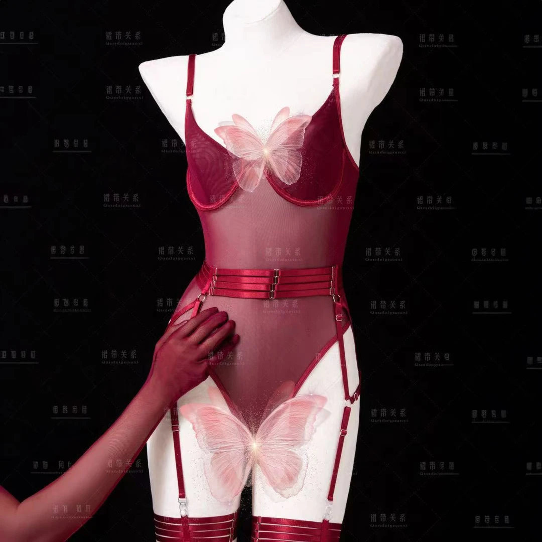 （诱我犯规）80-160斤烈焰红诱人连衣裙网纱蕾丝吊带睡裙露背法式