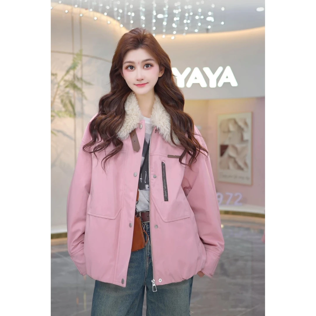YAYA/鸭鸭羽绒服2025秋冬短款拼接毛领时尚休闲鸭绒百搭夹克外套