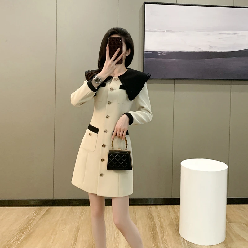 法式轻职风设计感高腰连衣裙女2025年春季新款名媛显瘦长袖轻熟裙