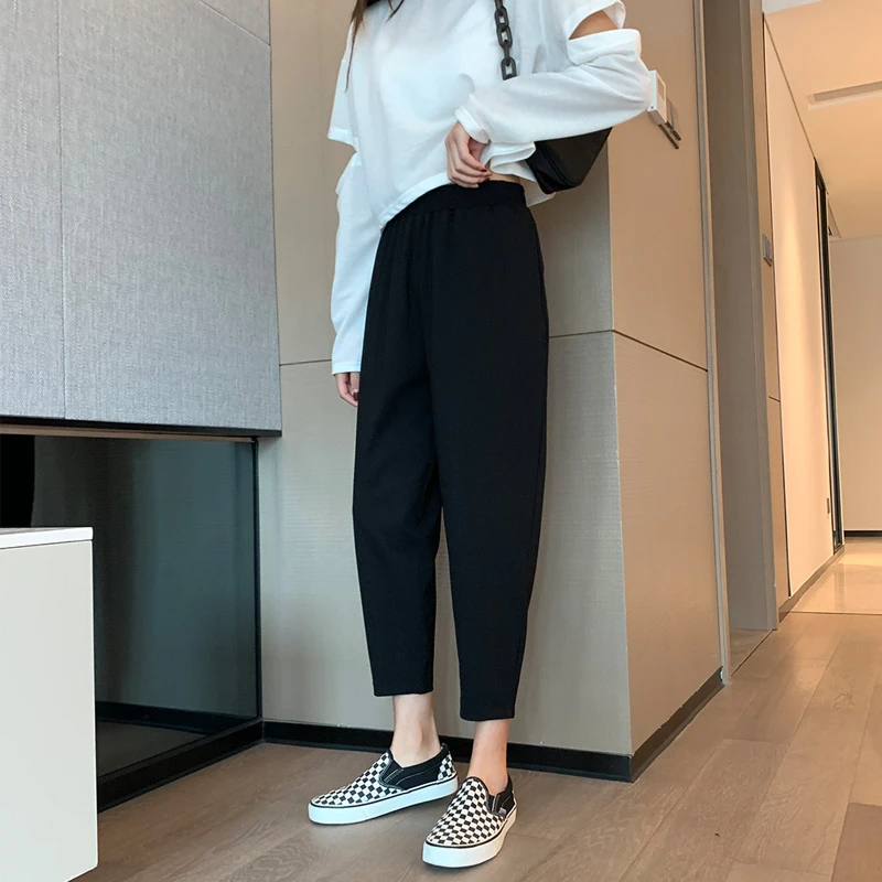 萝卜裤女春秋大码显瘦八分宽松哈伦松紧腰九分弹力黑色烟管裤女