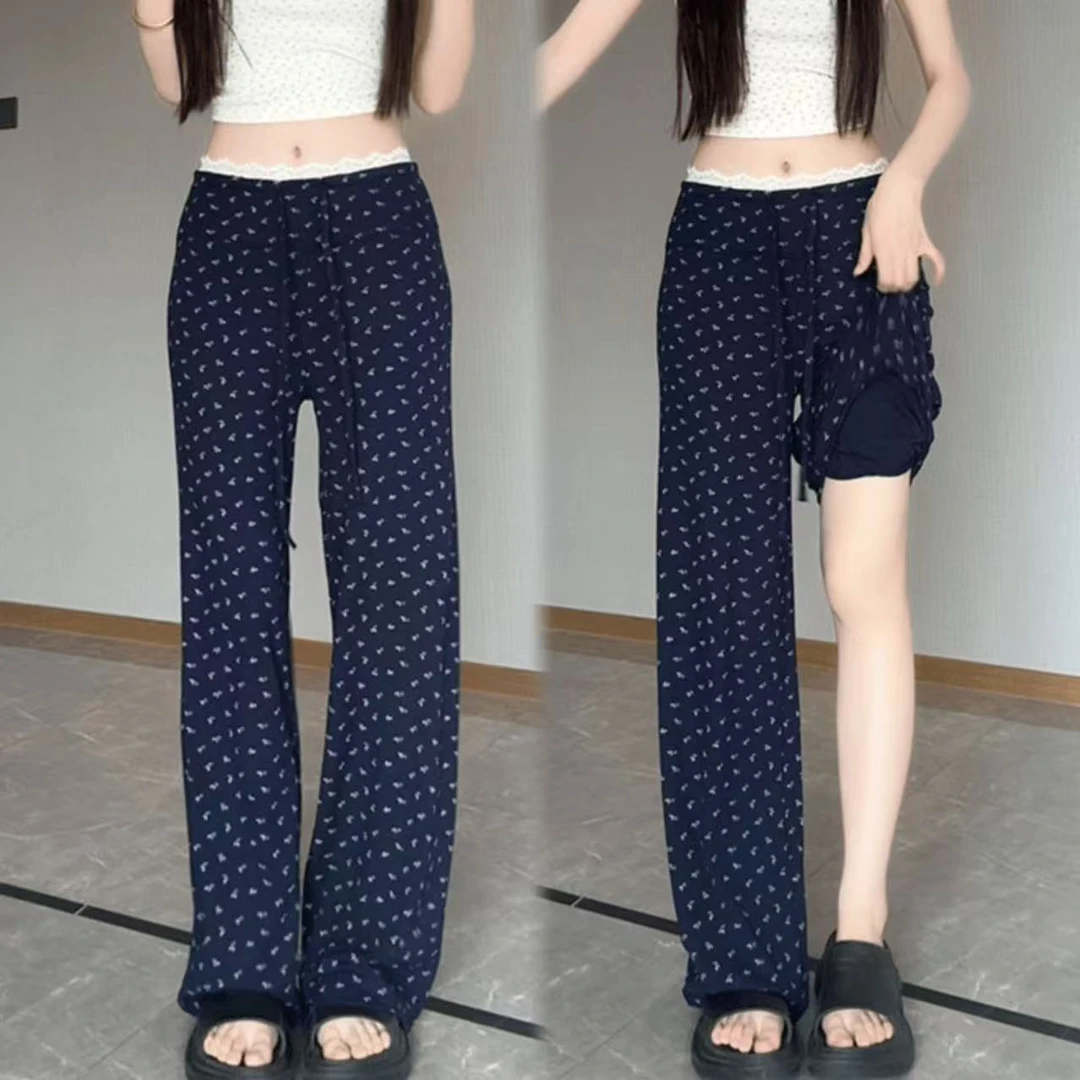 美式辣妹松弛感碎花裤女2025夏季薄款百搭垂感宽松蕾丝拼接休闲裤