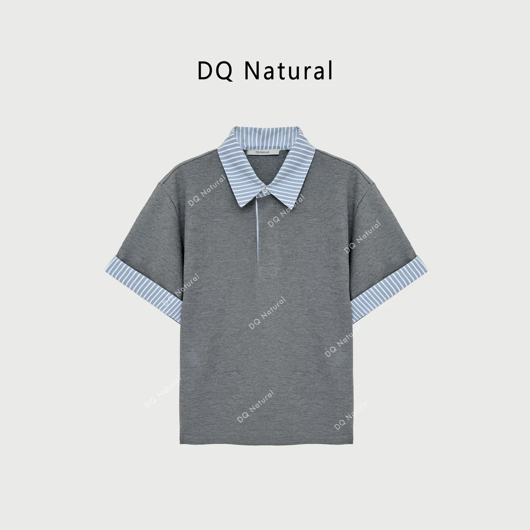 【DQ Natural】条纹拼接撞色polo领t恤 77618B