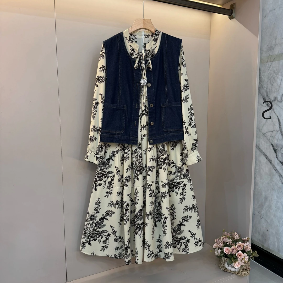 新款大码女装牛仔马甲长袖洋气衬衫连衣裙显瘦两件套女春款2025