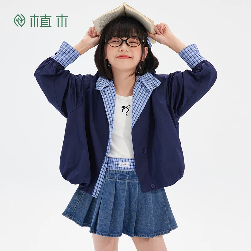 植木童装外套秋季新款中大童格子拼接外套上衣外套2025女童上衣