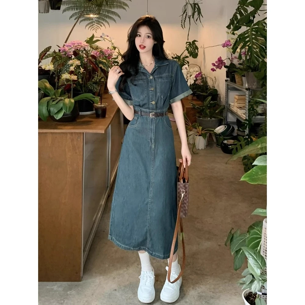 夏季复古牛仔连衣裙女收腰显瘦高级感气质宽松长款裙子