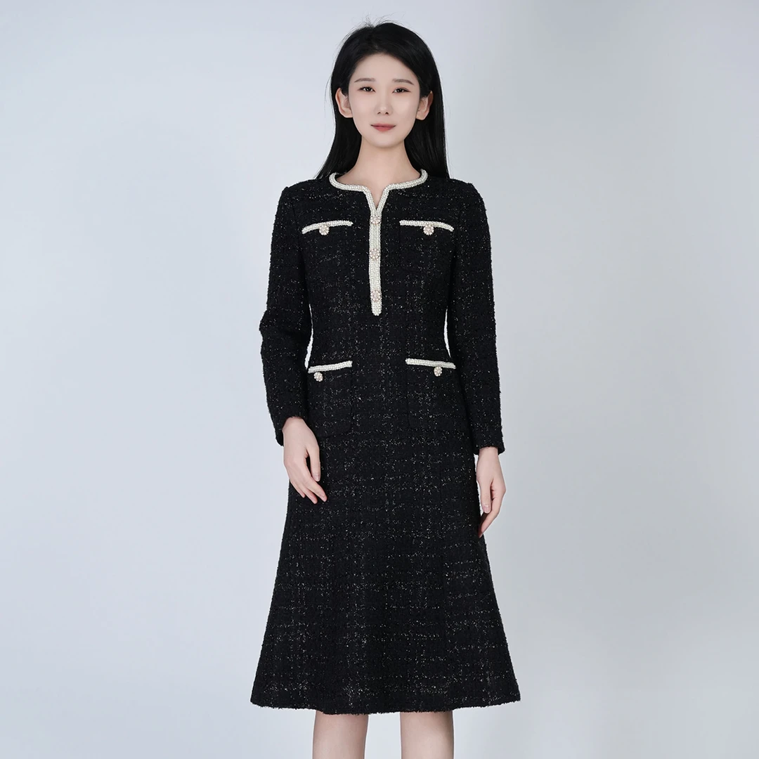 【年终会员专享】【绵羊毛】黑色小香风女优雅意妍连衣裙HAWM051191