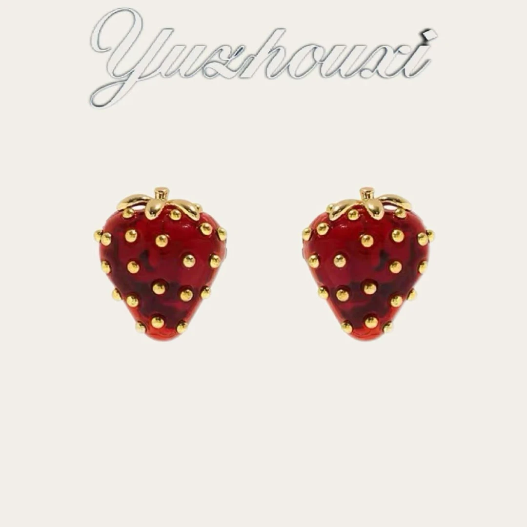 铜合金亚克力耳饰 I1-792【果酱红色草莓金色耳钉】