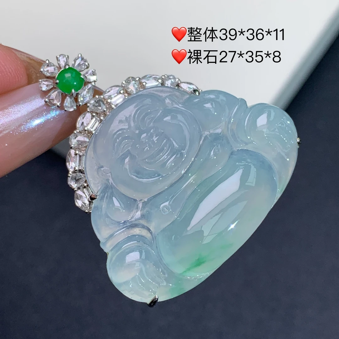 新品推荐·18K金高冰飘花佛公缅A翡翠玉石吊坠气质轻奢