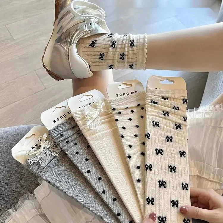 灰色袜子女春秋新款中筒袜花边高颜值袜透气防臭堆堆袜春夏袜jcc