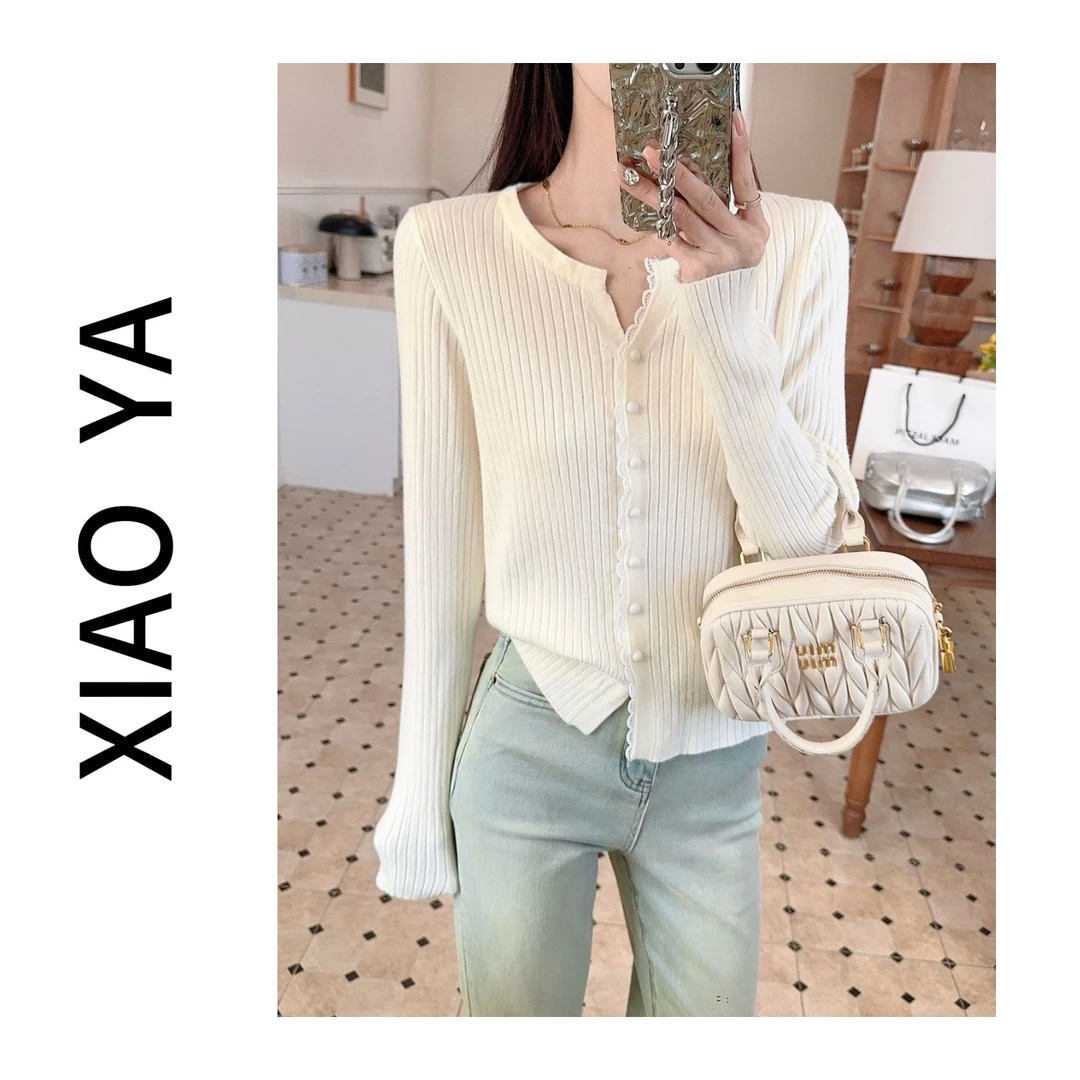 9102春季新款拼蕾丝显瘦温柔百搭针织开衫