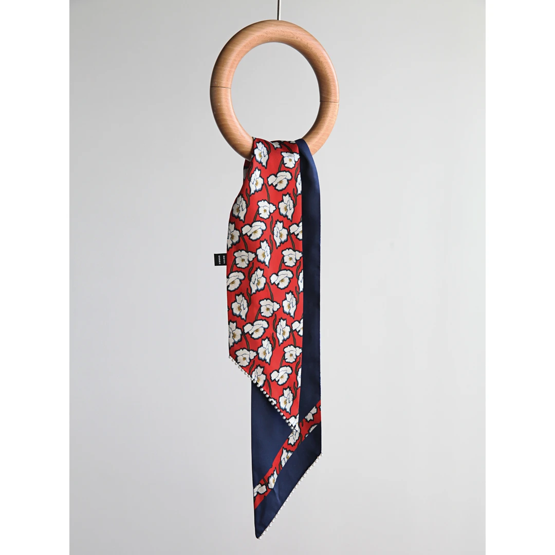 Forlin芙临红蓝撞色珠珠镶 双层桑蚕丝长巾丝巾 291110