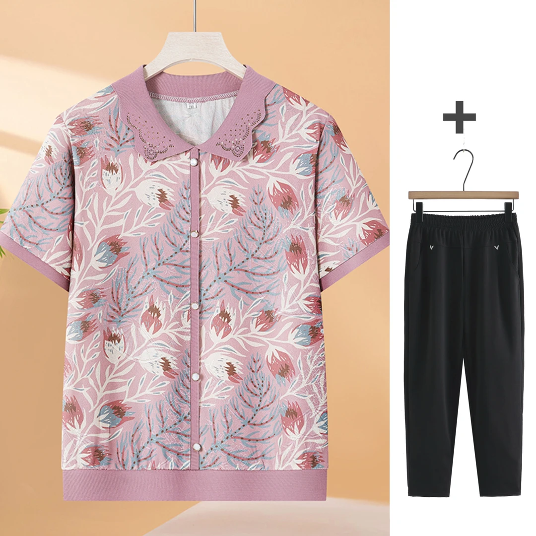 妈妈装夏季时尚洋气冰丝短袖T恤中老年女装夏款翻领减龄小衫套装