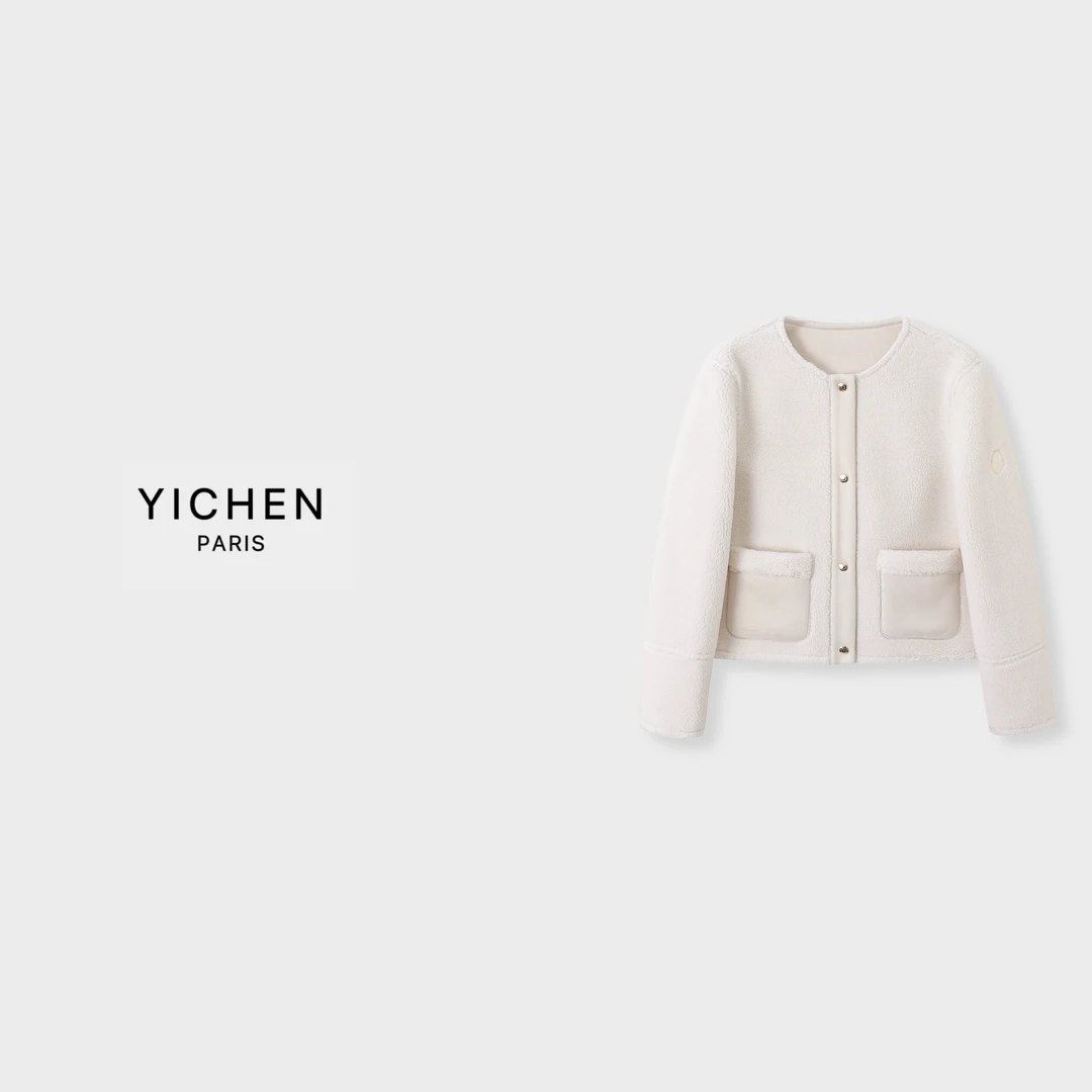 YC 奶油白颗粒绒双口袋羊毛徽标外套-1844