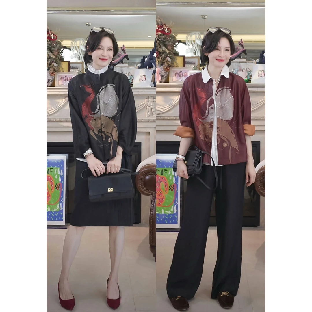 我是摩羯有凤来仪26MM6A级桑蚕丝龟裂纹香云纱6万针刺绣夏外套