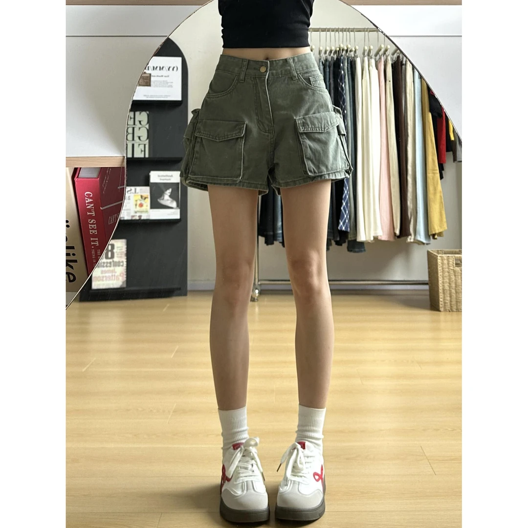 微胖mm复古工装阔腿牛仔短裤女夏季新款街头多口袋阔腿宽松热裤