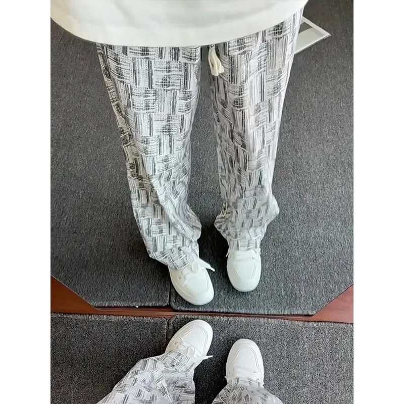 美式扎染冰丝裤子男夏季薄款凉感透气速干裤小香风格纹垂感休闲裤