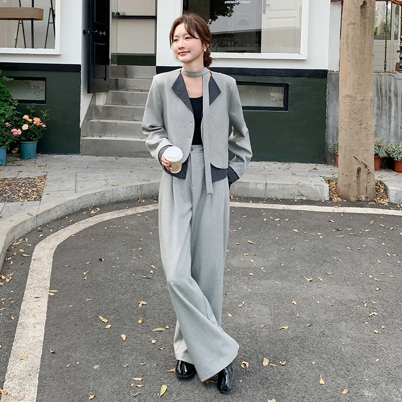 法式设计感西装套装女2025春季新款撞色拼接西服高腰阔腿裤两件套