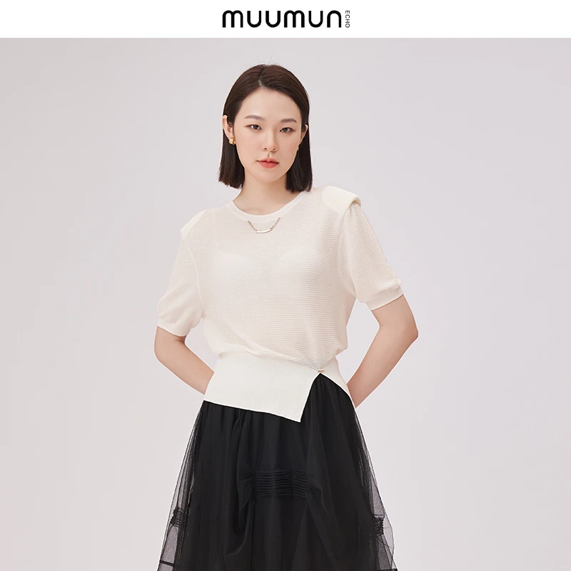 2025年短款纯色薄款常规夏季女不规则毛针织衫短袖上衣