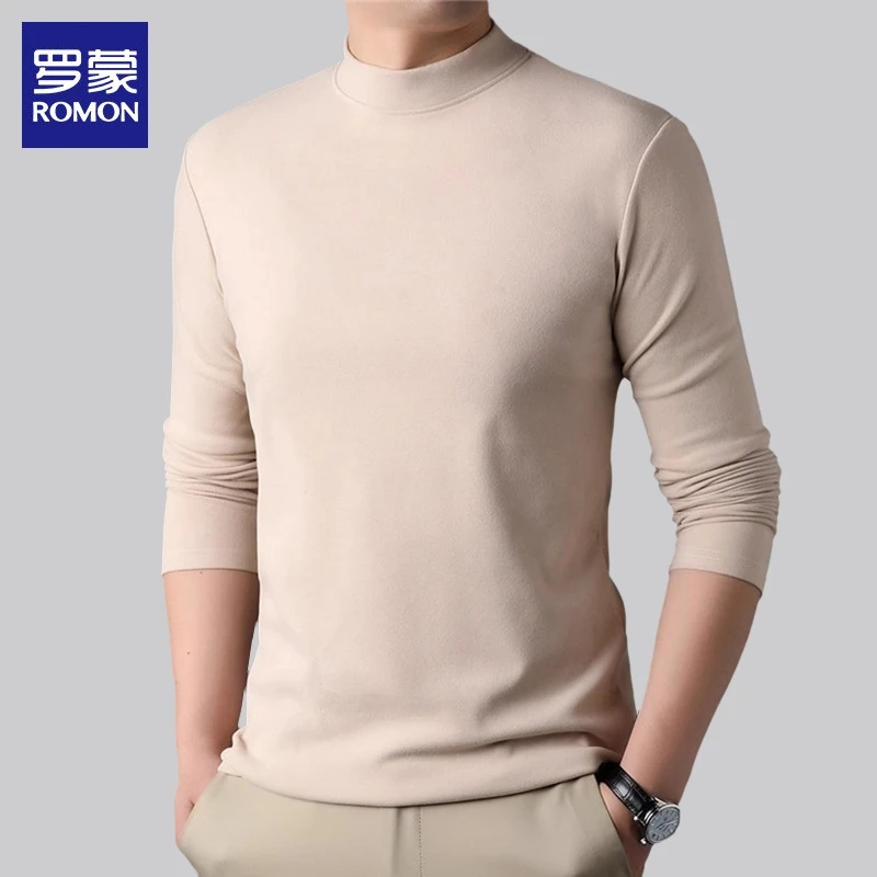 罗蒙半高领轻奢长袖t恤男士2025秋季新款休闲打底衫上衣痞帅男装