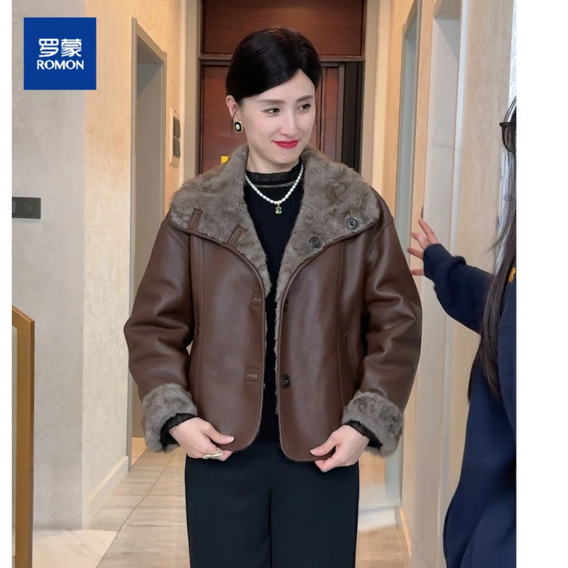 罗蒙妈妈装秋冬季双面双穿皮夹克毛领外套中老年女装显瘦短款上衣