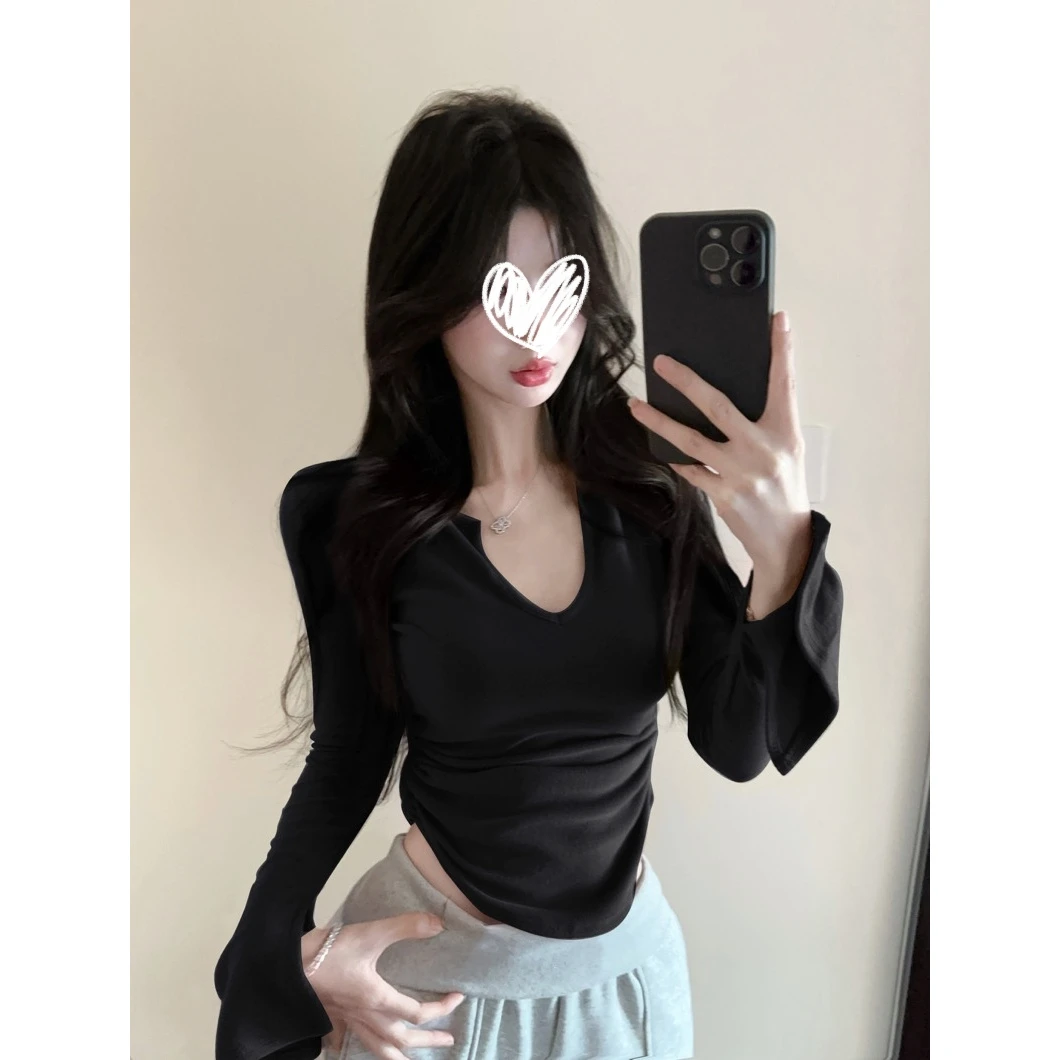 性感领长袖恤喇叭袖褶皱修身内搭辣妹收腰打底衫上衣