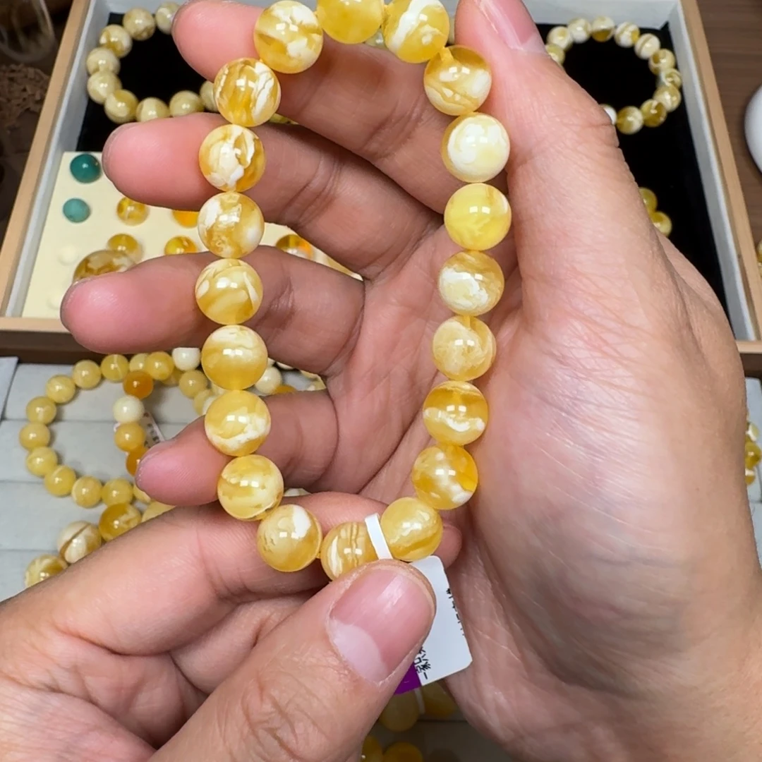 蜜蜡未镶嵌手链10加金瓷白虎皮纹12.1克