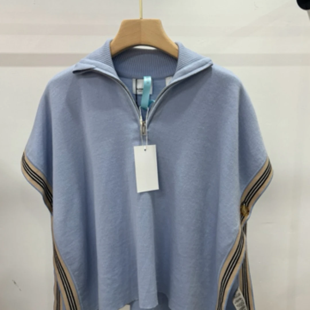 99新 BURBERRY/博柏利 雾霾蓝拼色羊毛斗篷披风/L码/A02773