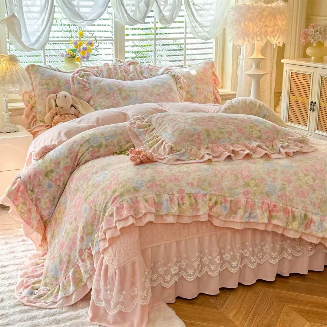 【床盖系列】花边加厚牛奶绒床盖四件套玫瑰庄园